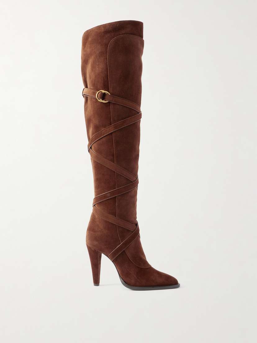 Saint Laurent Janis Embellished Over-the-knee Suede Boots