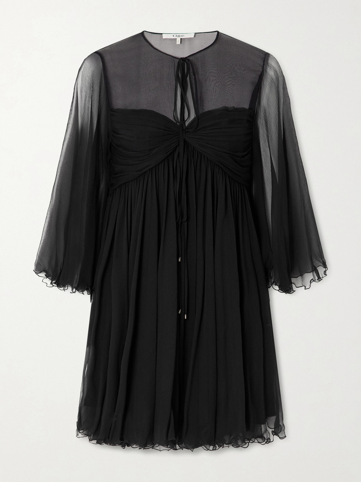 Chloé Tie-detailed Gathered Silk-chiffon Mini Dress In Black