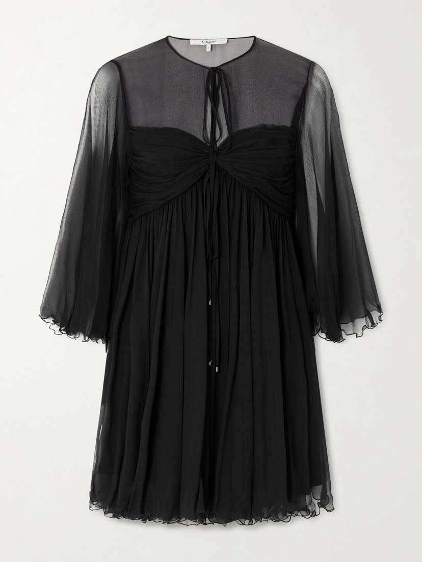 Chloé Tie-detailed Gathered Silk-chiffon Mini Dress