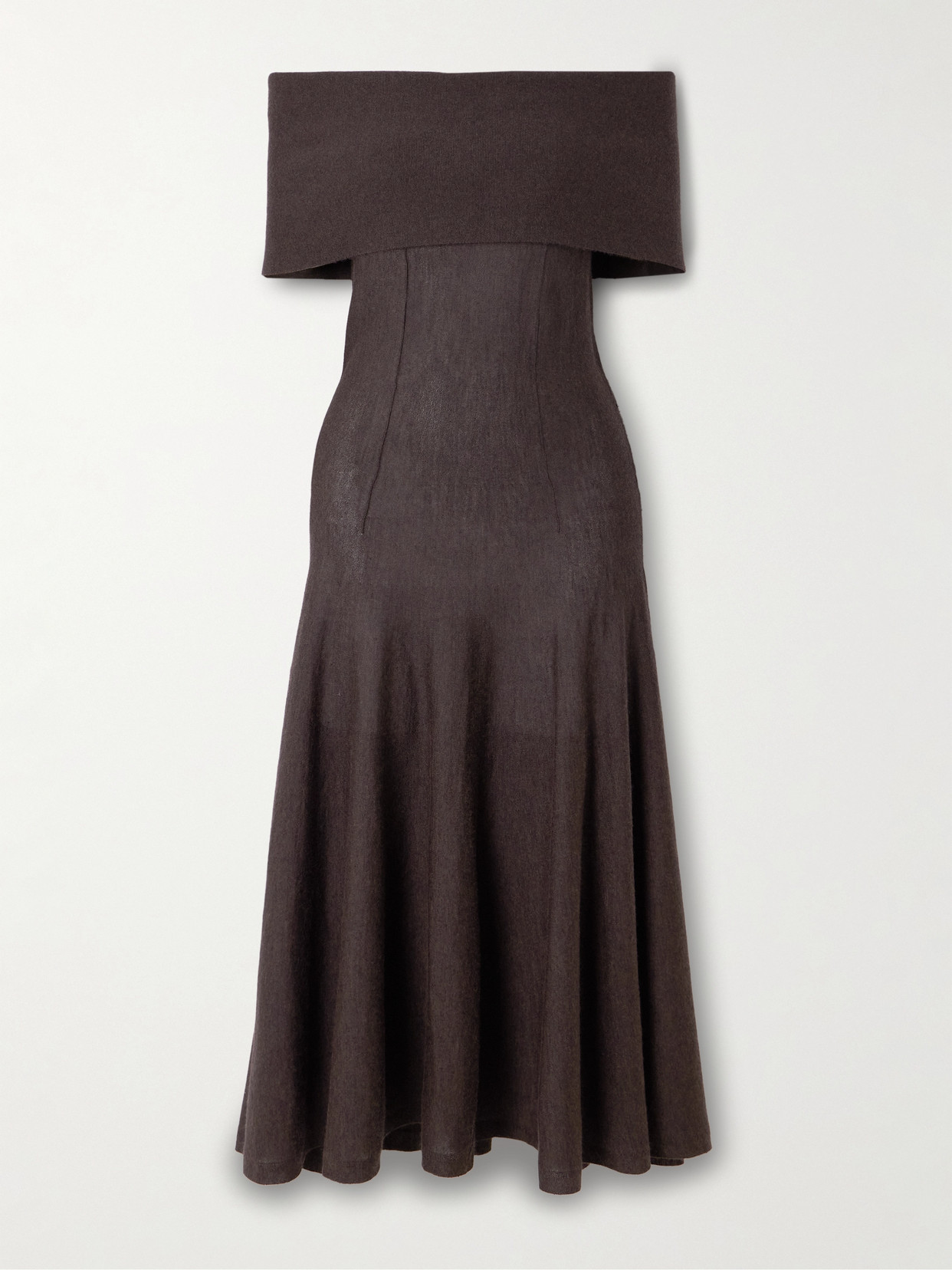 Arch4 Marilyn Off-the-shoulder Organic Cashmere Midi Dress In Brown