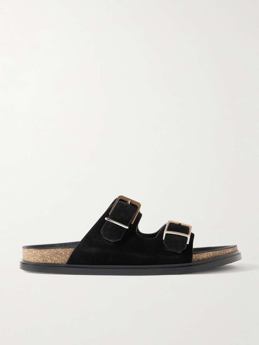 The Row Buckled Suede Slides