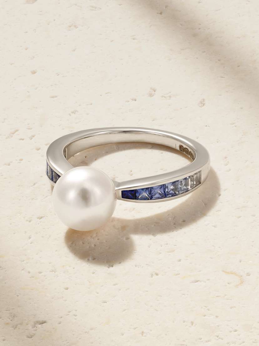 Mikimoto 18-karat White Gold, Sapphire And Pearl Ring