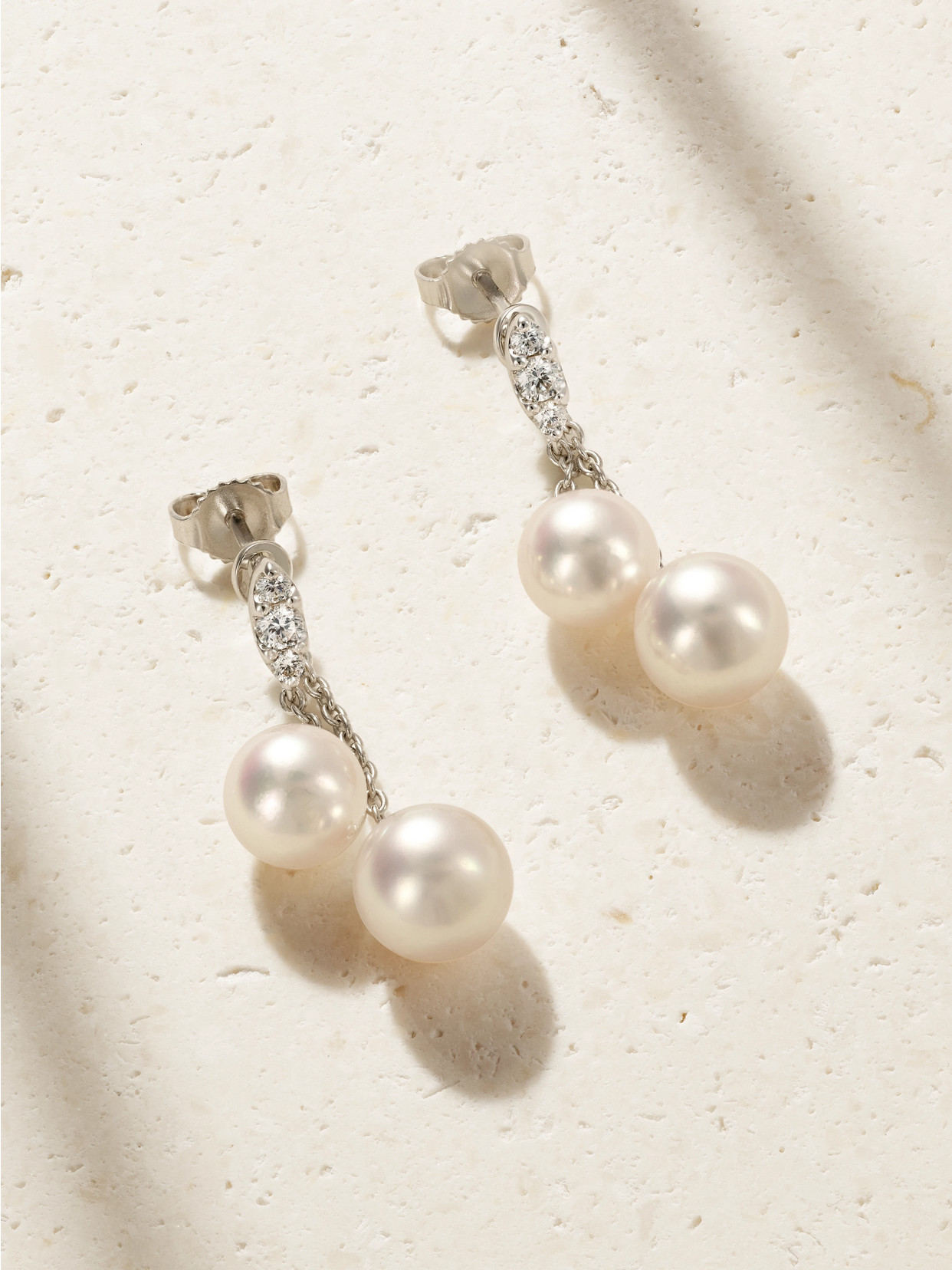 Mikimoto 18-karat White Gold, Diamond And Pearl Earrings In Metallic