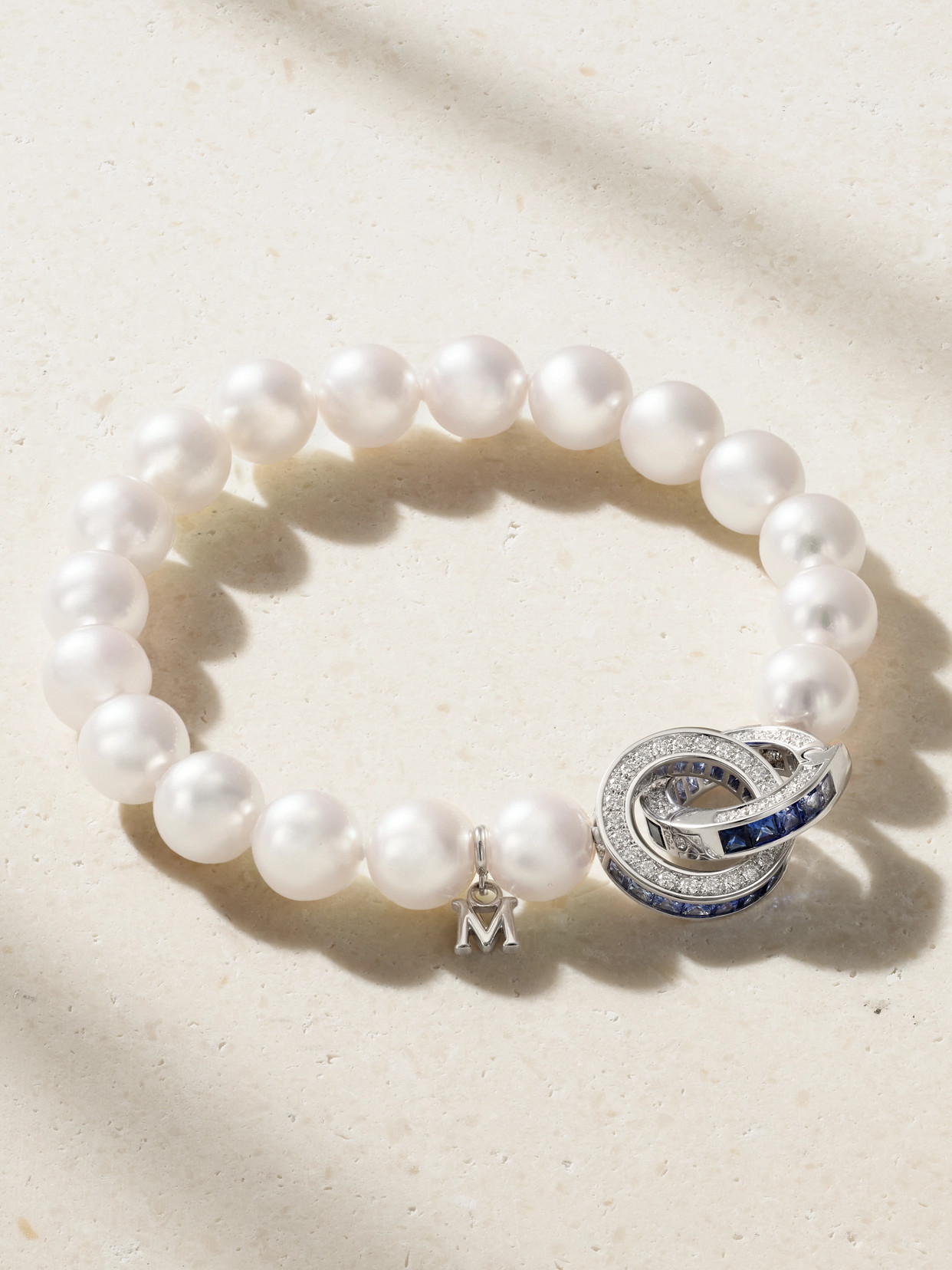 Mikimoto 18-karat White Gold Sapphire, Diamond And Pearl Bracelet