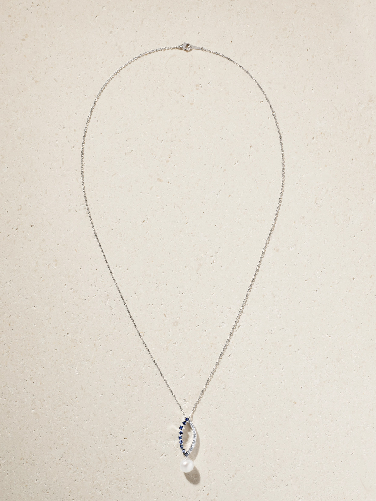 Mikimoto 18-karat White Gold Sapphire, Diamond And Pearl Necklace In Metallic