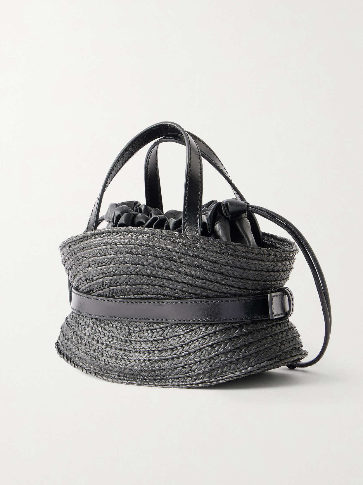 Shuffle Mini Buckled Leather-Trimmed Raffia Shoulder Bag