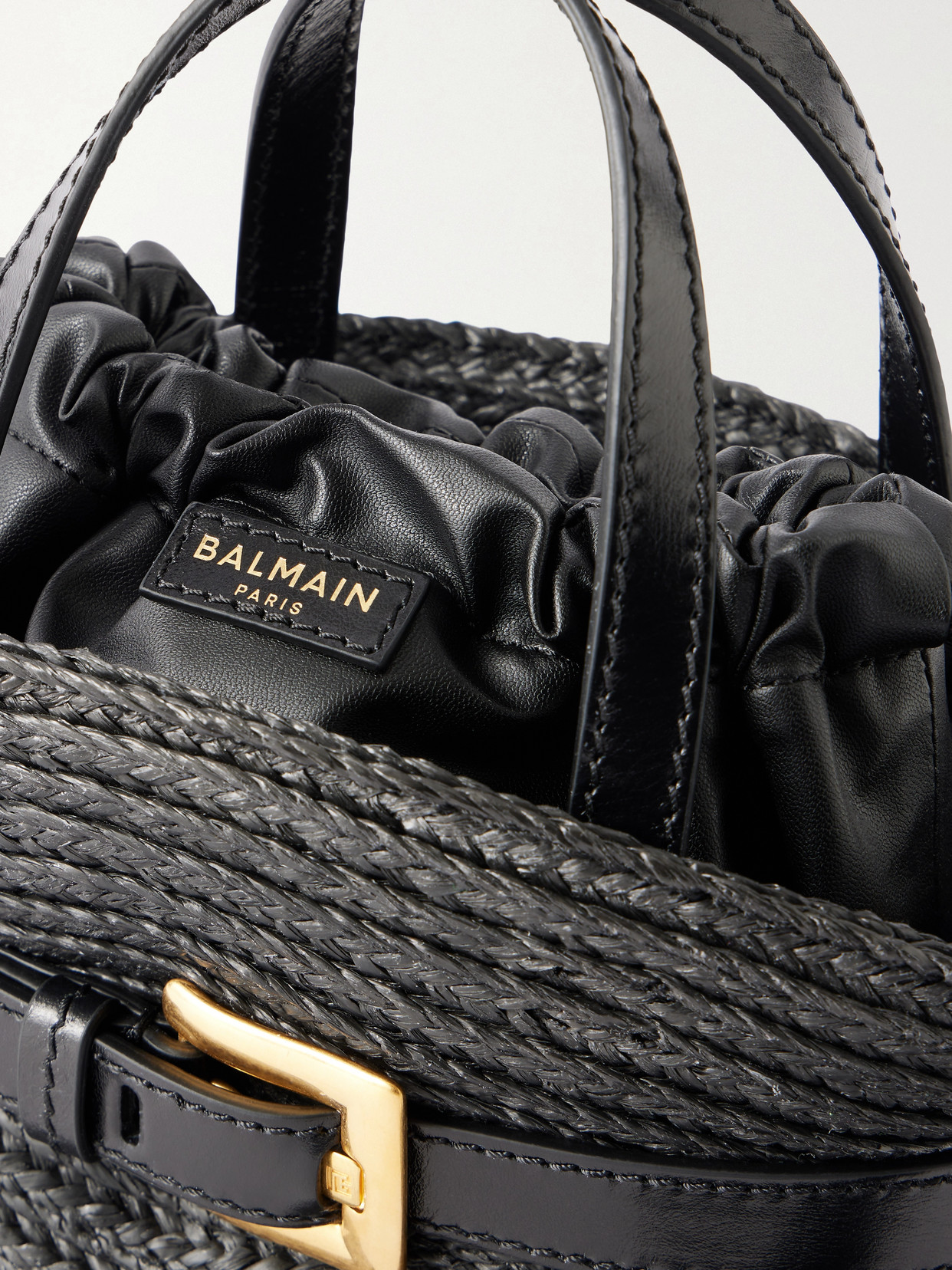 Shuffle Mini Buckled Leather-Trimmed Raffia Shoulder Bag
