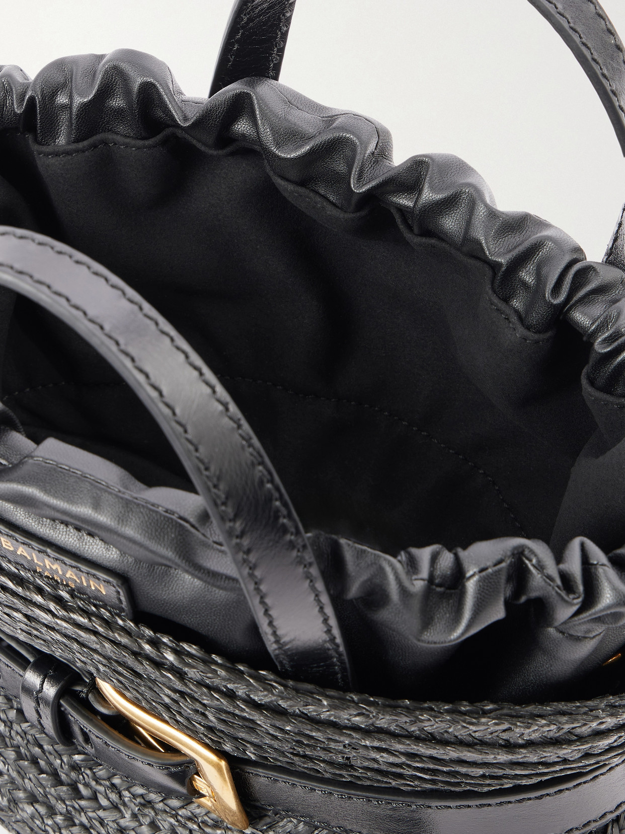 Shuffle Mini Buckled Leather-Trimmed Raffia Shoulder Bag