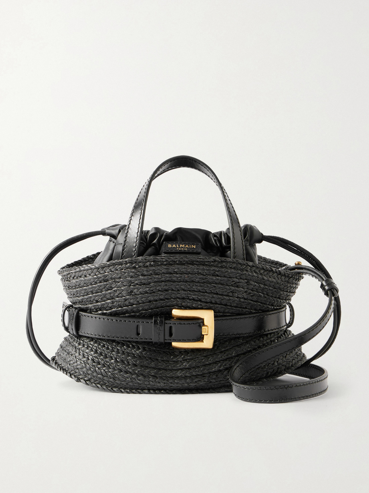 Balmain Shuffle Mini Buckled Leather-trimmed Raffia Shoulder Bag In Black