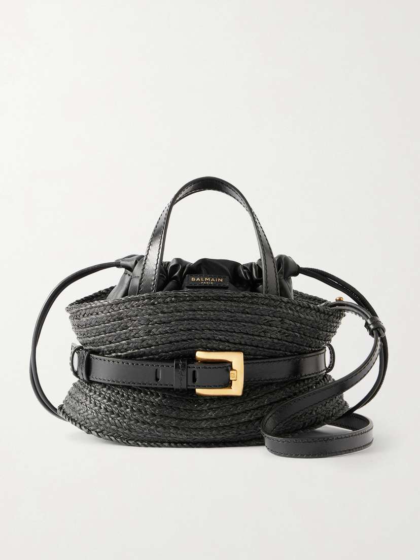 Balmain Shuffle Mini Buckled Leather-trimmed Raffia Shoulder Bag