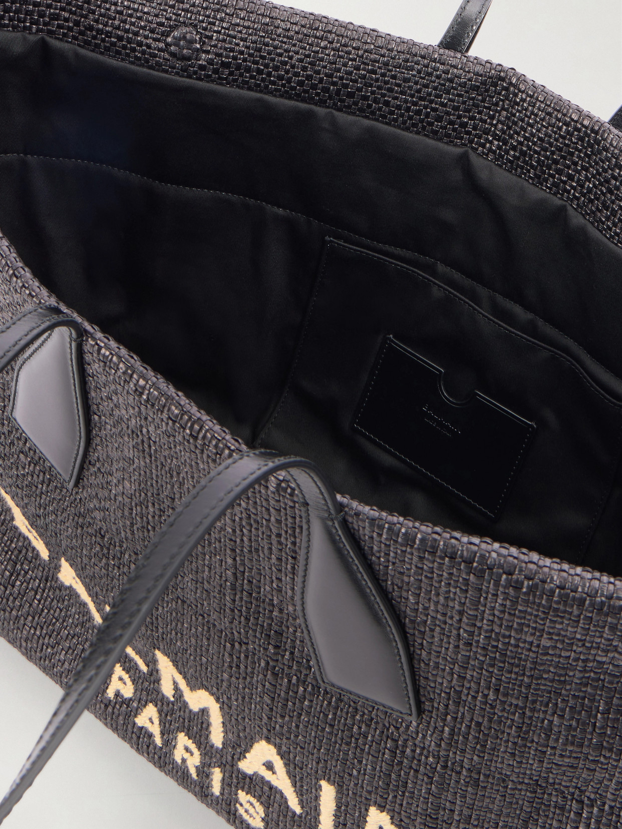 Track Leather-Trimmed Raffia Tote