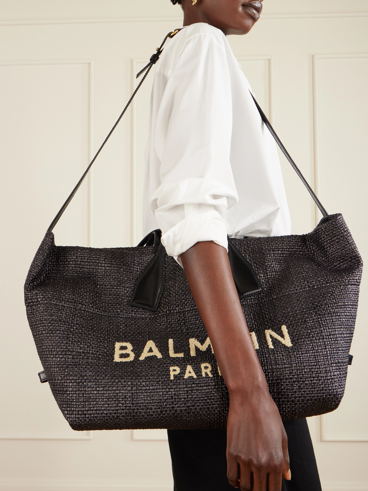 Track Leather-Trimmed Raffia Tote