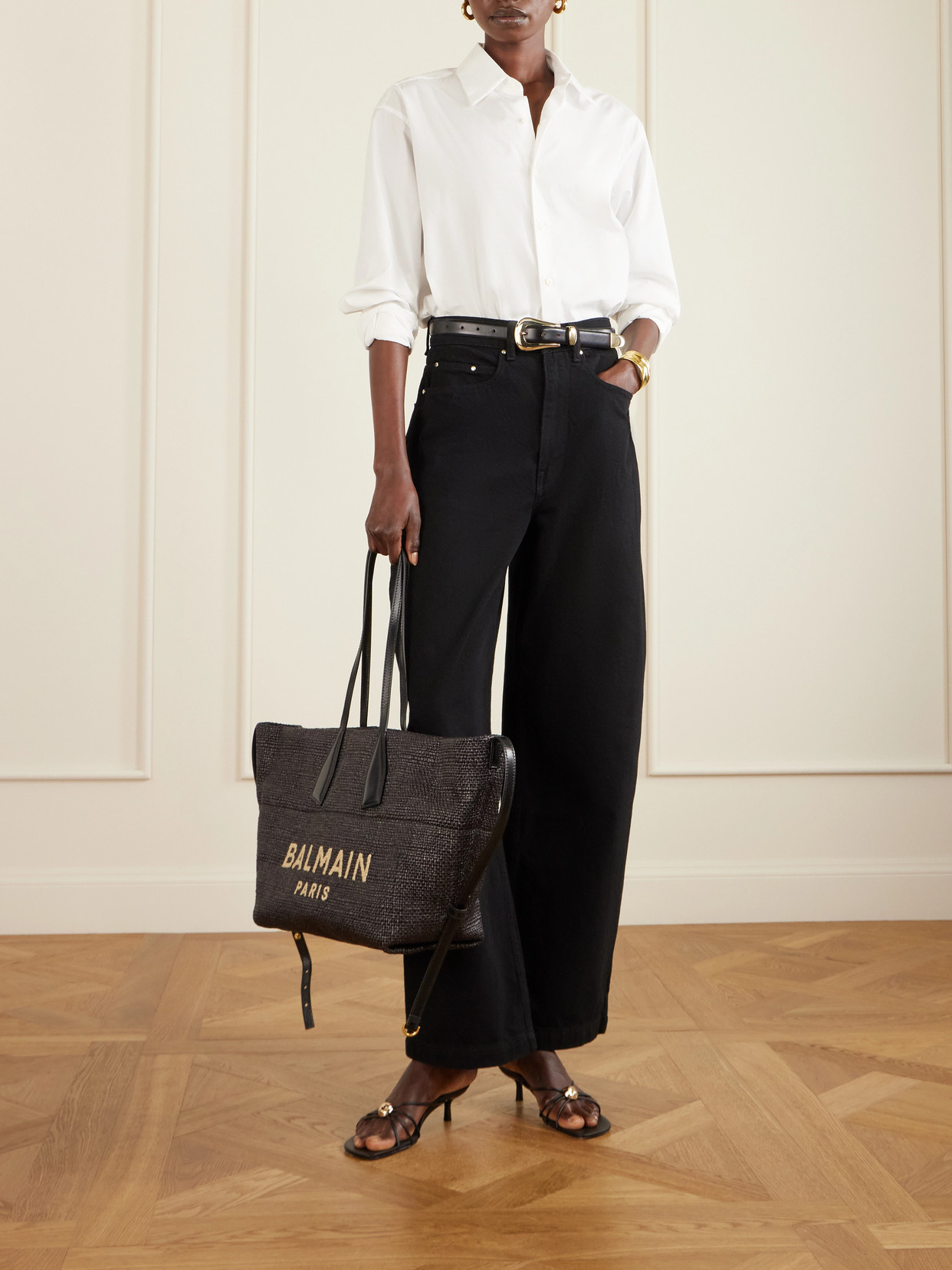 Track Leather-Trimmed Raffia Tote