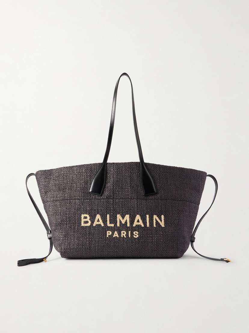 Balmain Track Leather-trimmed Raffia Tote