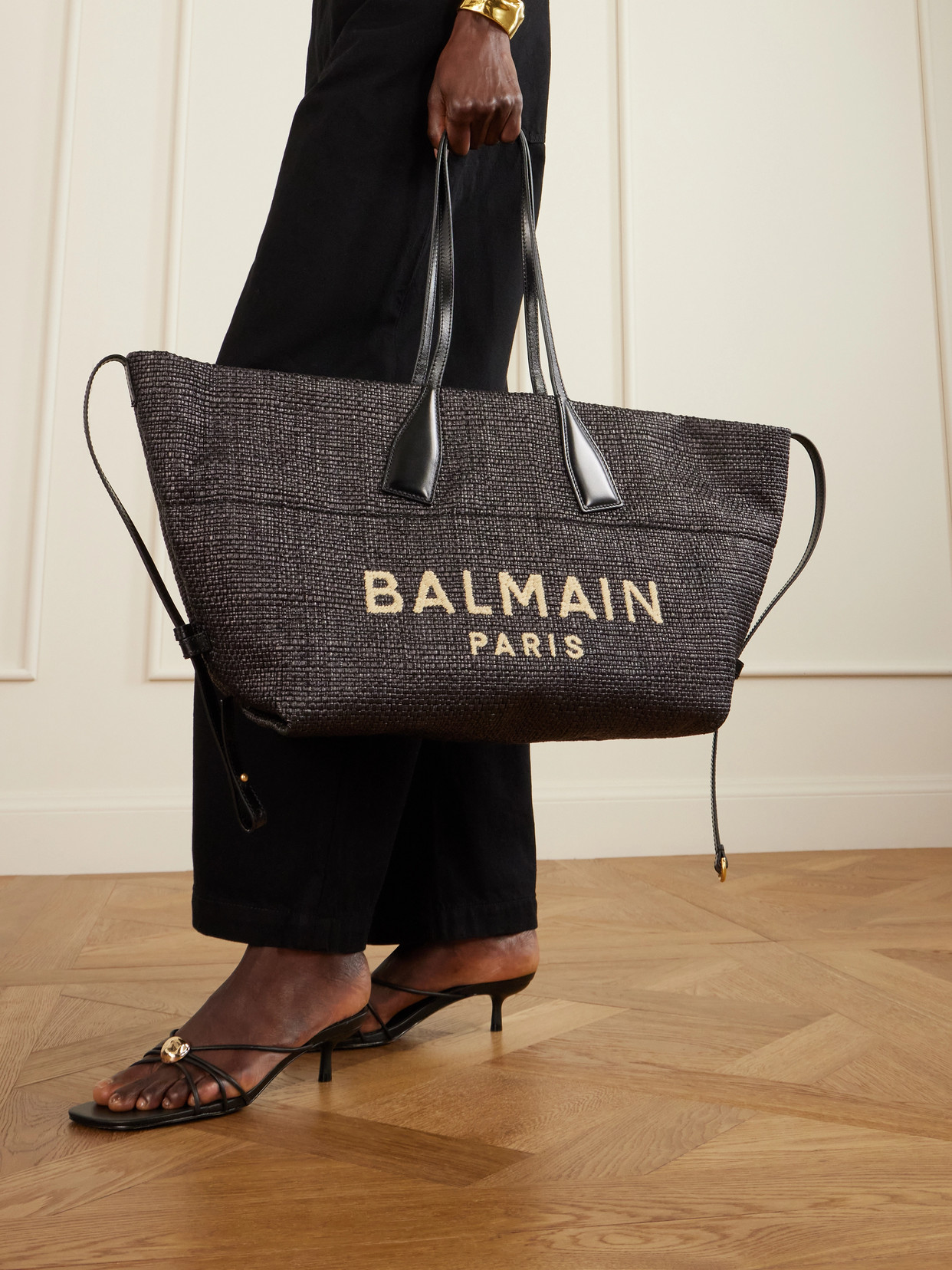 Track Leather-Trimmed Raffia Tote