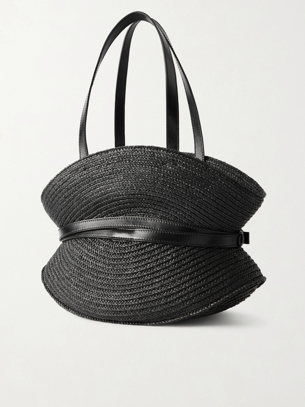 Shuffle Medium Buckled Leather-Trimmed Raffia Shoulder Bag