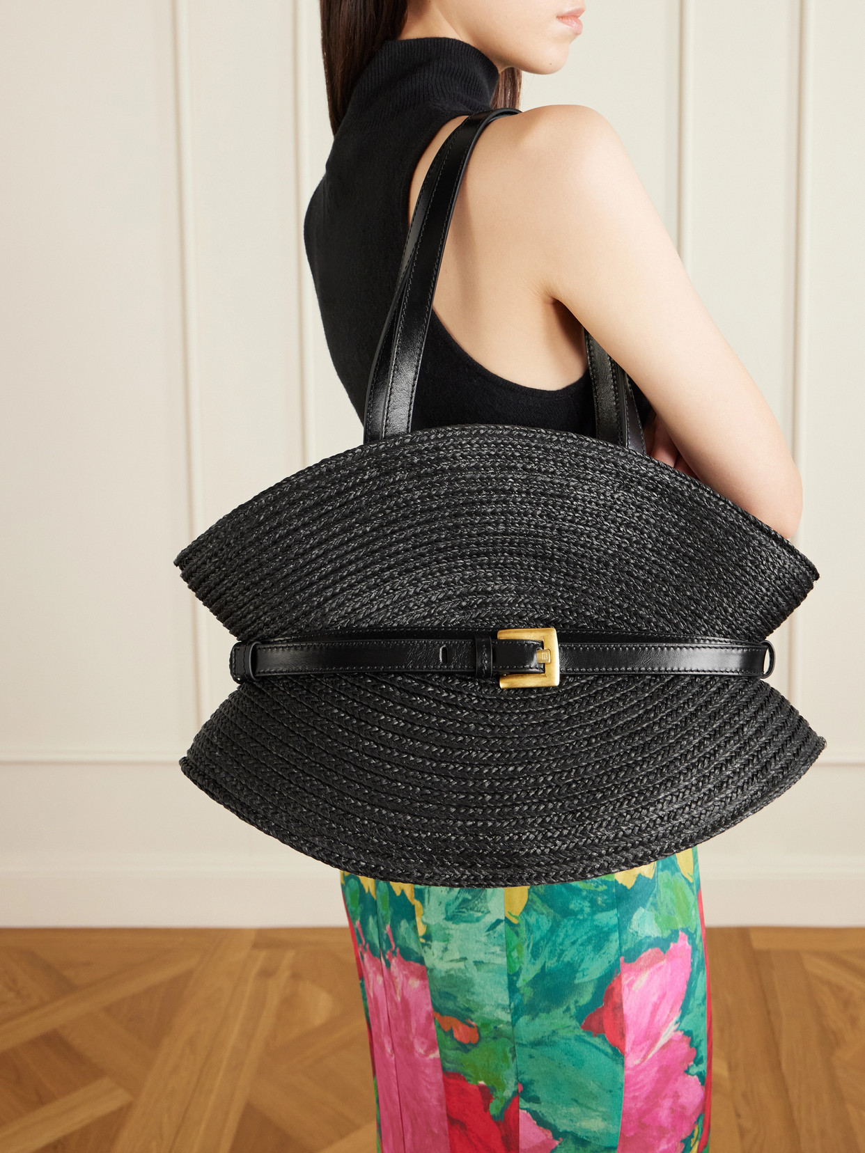 Shuffle Medium Buckled Leather-Trimmed Raffia Shoulder Bag