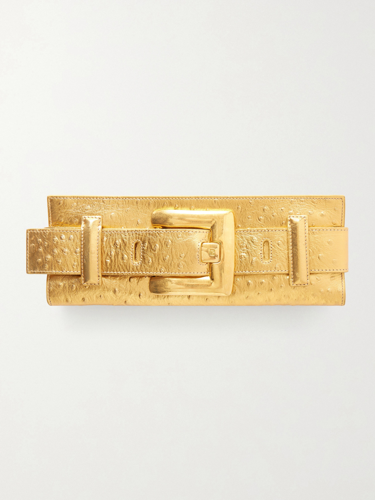 Balmain Anthem Buckled Ostrich-effect Metallic Leather Clutch In Gold