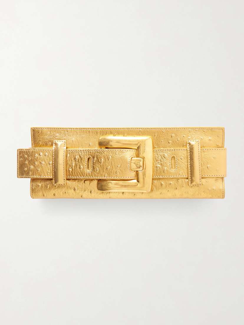 Balmain Anthem Buckled Ostrich-effect Metallic Leather Clutch