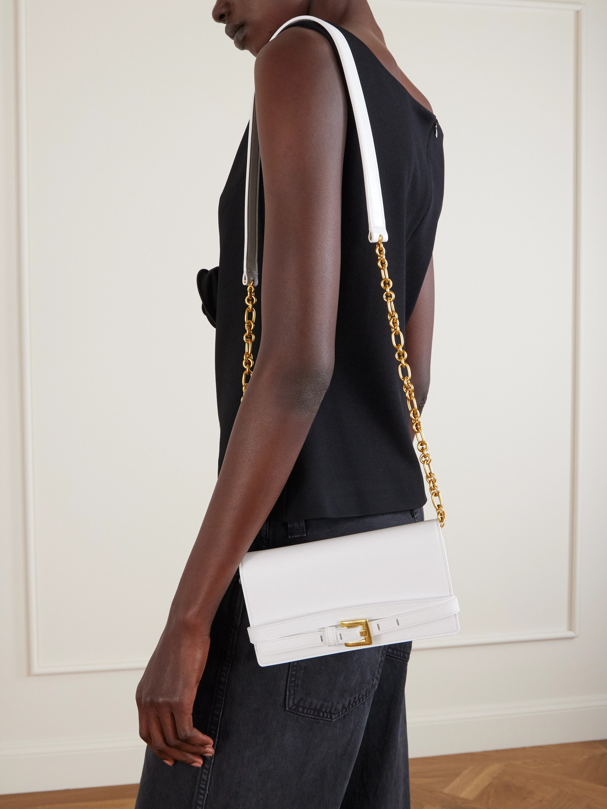 Balmain Shuffle Buckled Leather Shoulder Bag In White