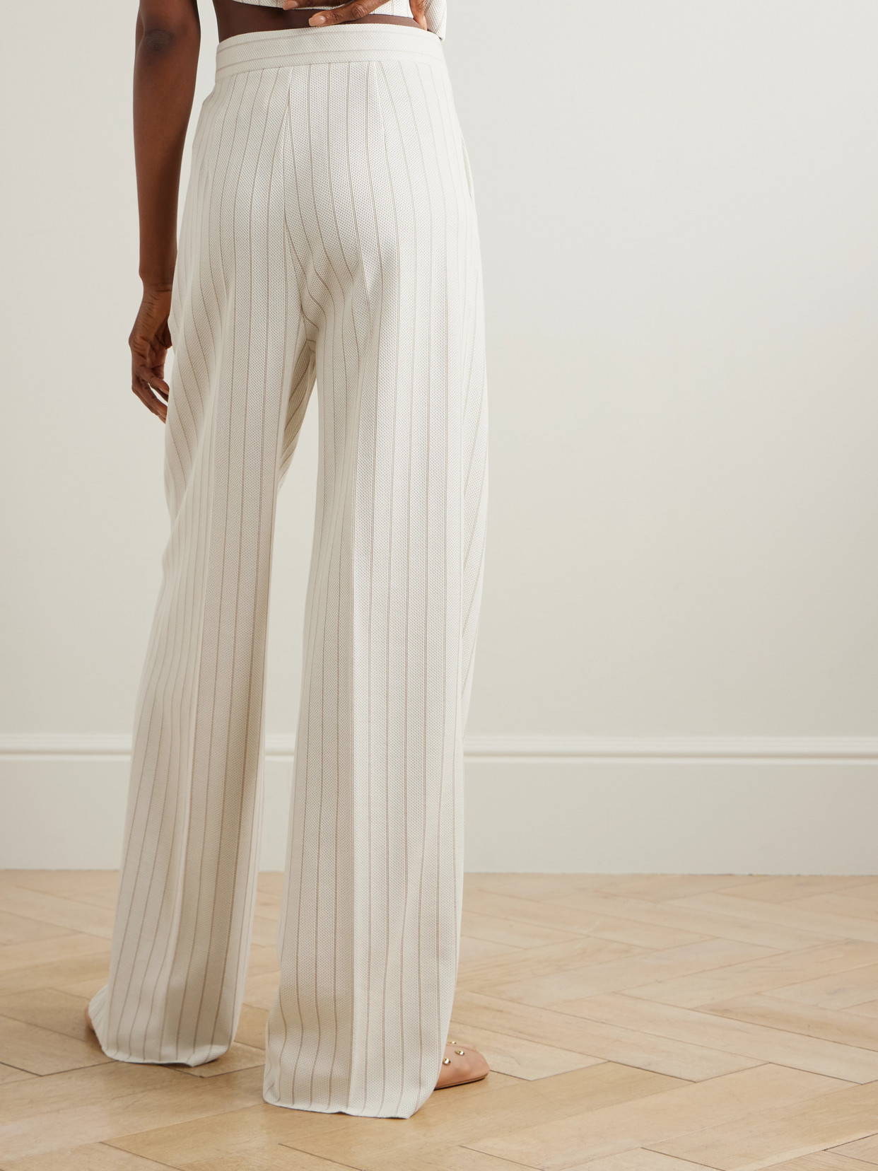 Max Mara Linen Blend Pinstripe Wide Pants In White