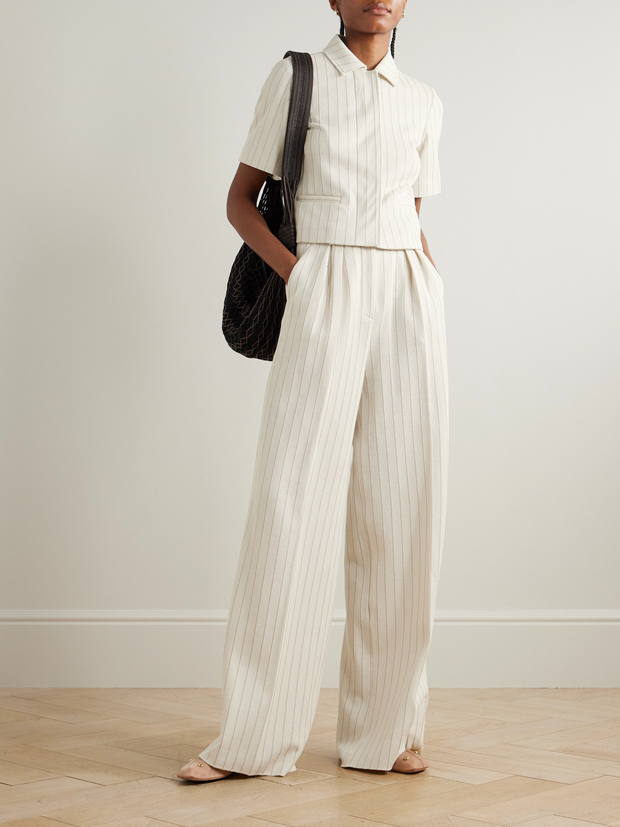 Max Mara Linen Blend Pinstripe Wide Pants In White