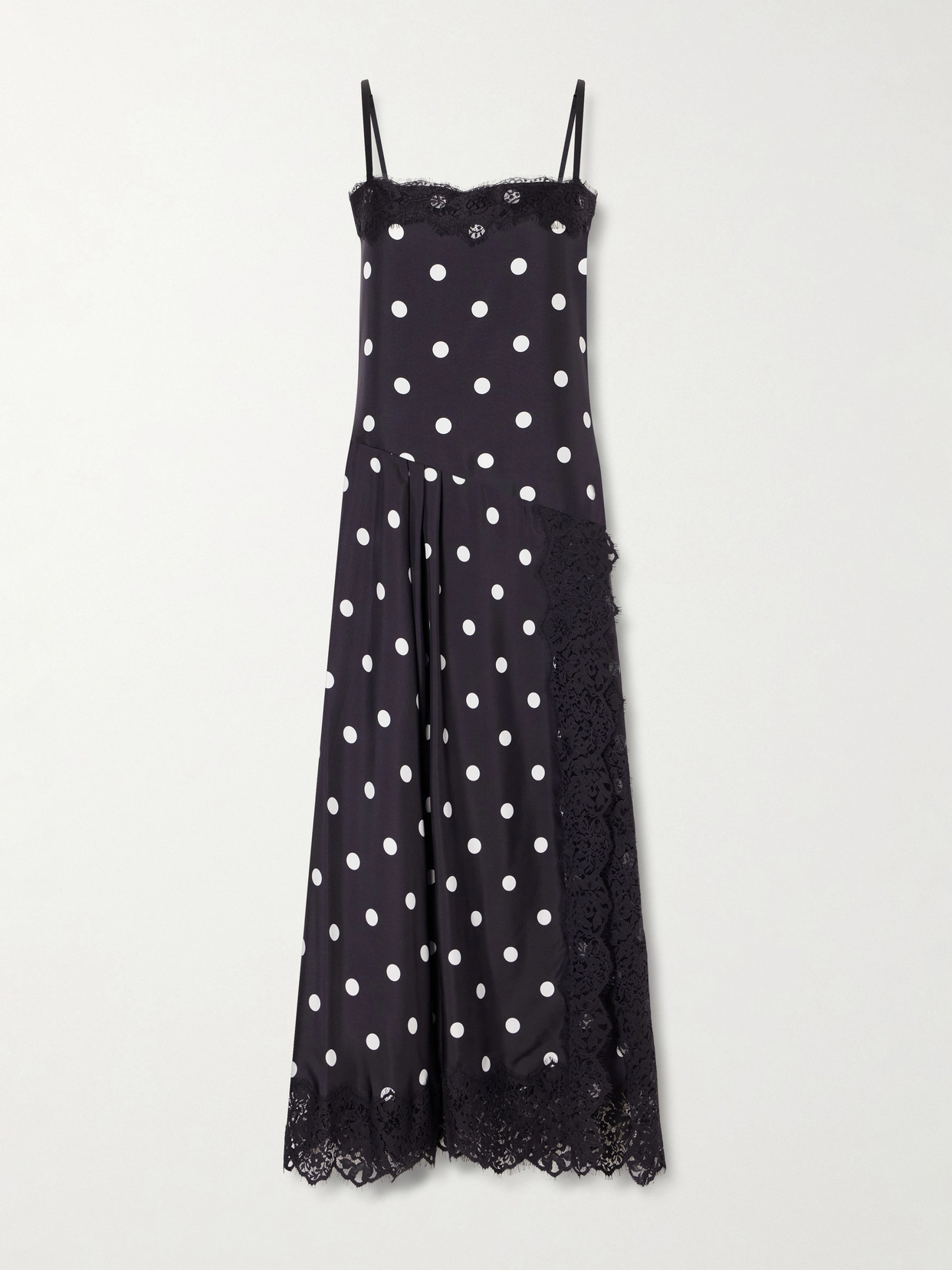 Sportmax Polka-dot Pleated Lace-trimmed Silk Maxi Dress In Black
