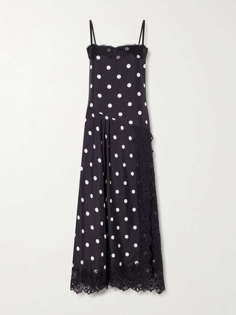Sportmax Polka-dot Pleated Lace-trimmed Silk Maxi Dress