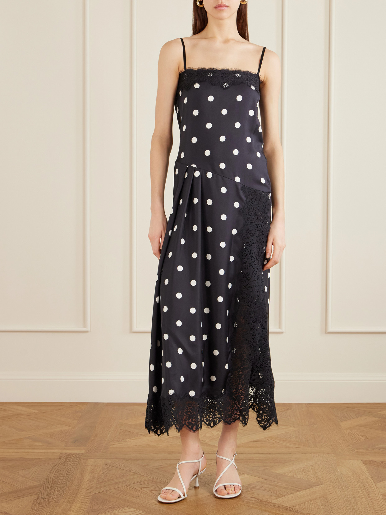 Sportmax Capo Polka Dot Lace Trim Silk Slipdress In Black