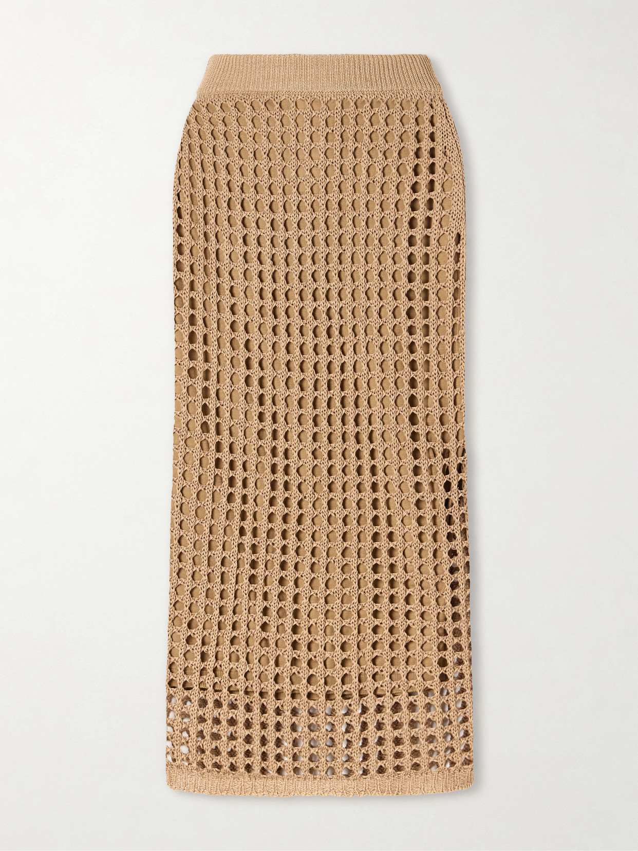 Max Mara Straight Cut Pure Cotton Webbing Skirt With Ribbed Waist In Brown