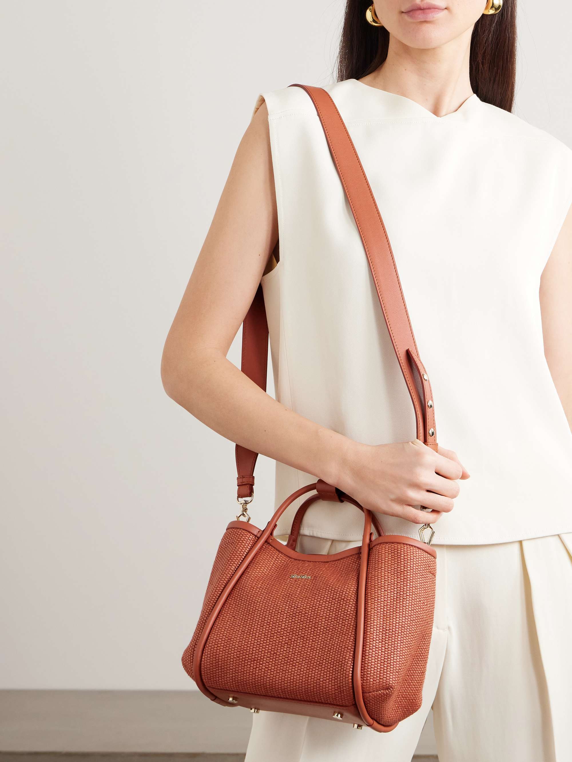 MAX MARA Marine extra small leather-trimmed raffia-like tote | NET