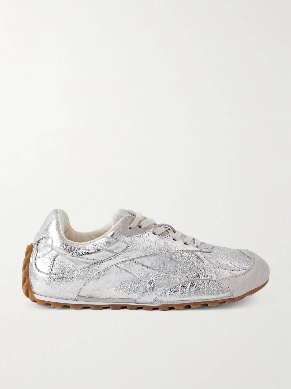 Bottega Veneta Orbit Flash Suede-trimmed Metallic Crinkled-leather Sneakers In Silver