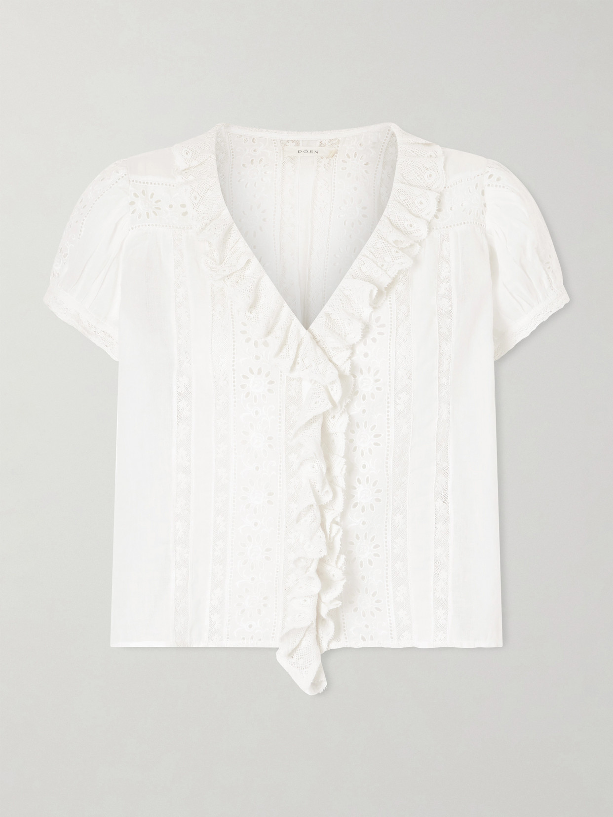 Doen Clairette Cropped Ruffled Lace-trimmed Organic Cotton-voile Top In White
