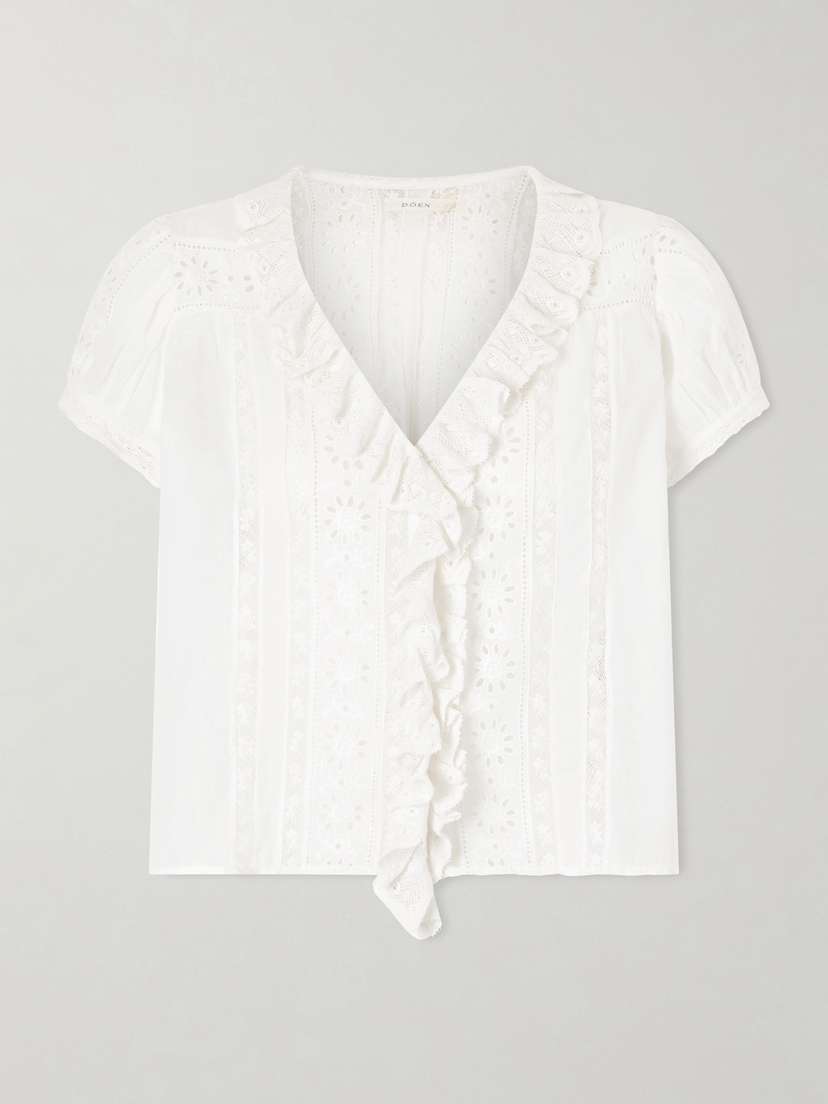 DÔEN Clairette Cropped Ruffled Lace-trimmed Organic Cotton-voile Top