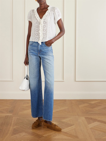Dôen Clairette cropped ruffled lace-trimmed organic cotton-voile top