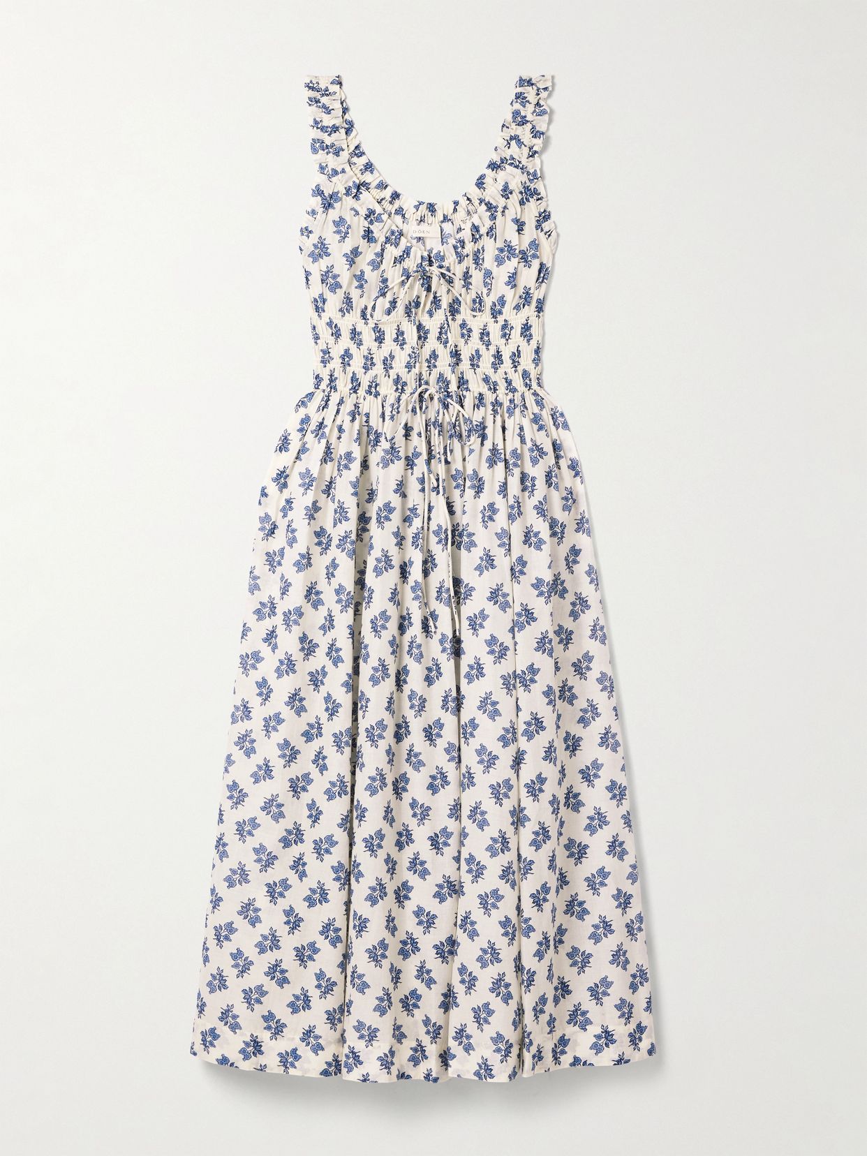 Doen Emmaretta Shirred Floral Print Organic Cotton Voile Midi Dress
