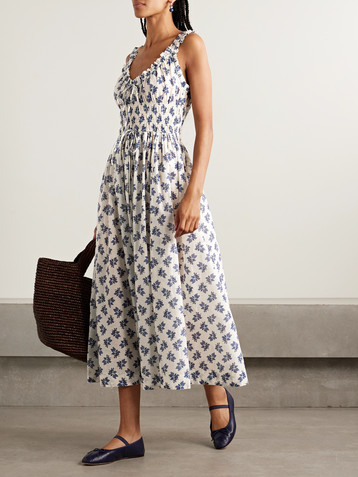 Dôen Emmaretta shirred floral-print organic cotton-voile midi dress