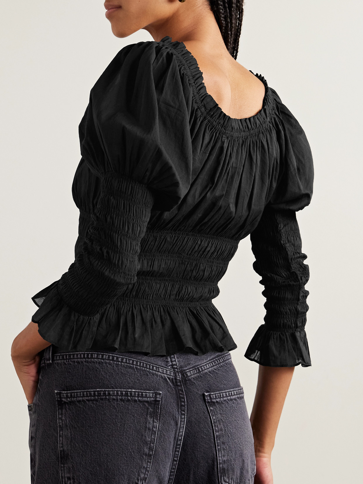 Doen Baptisia Shirred Organic Cotton-voile Top In Black