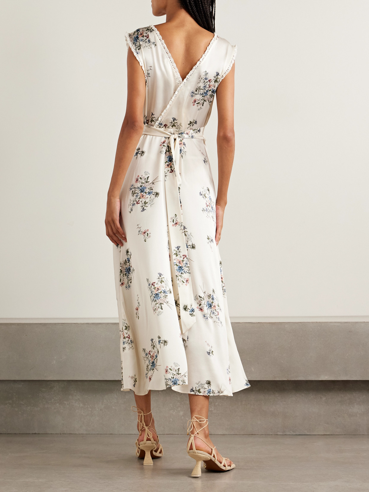 Doen Tahlia Lace-trimmed Floral-print Silk-charmeuse Midi Dress In Multi