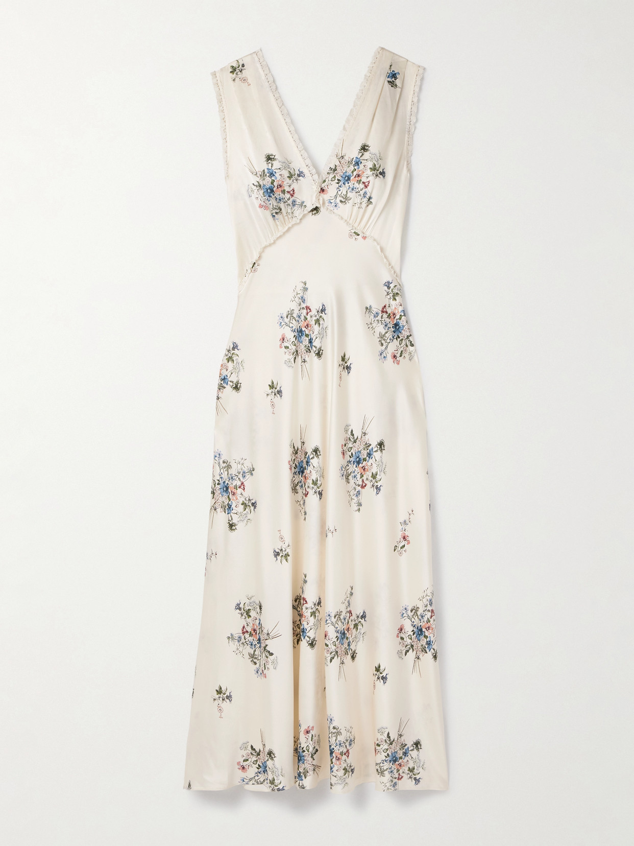 Doen Tahlia Lace-trimmed Floral-print Silk-charmeuse Midi Dress In Multi