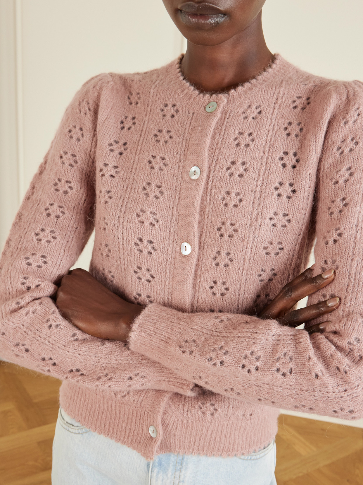 Doen Emery Pointelle-knit Cardigan In Pink