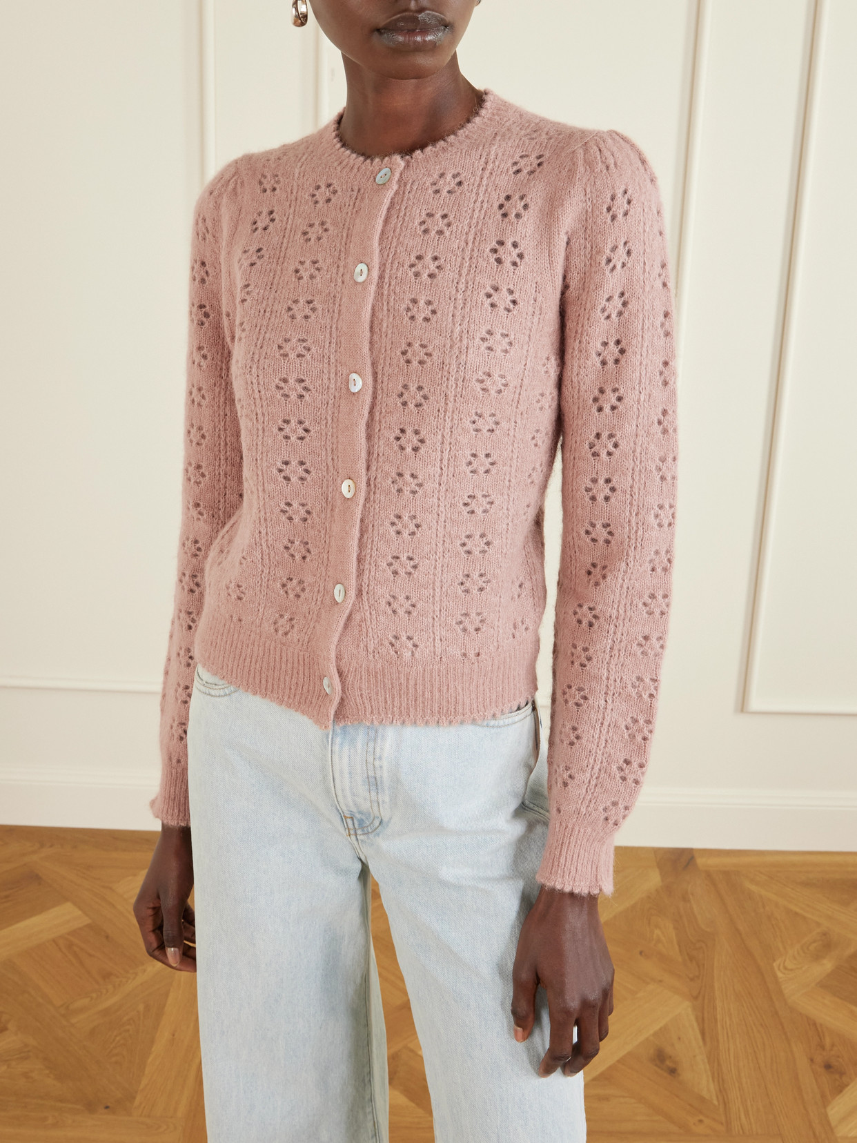 Doen Emery Pointelle-knit Cardigan In Pink