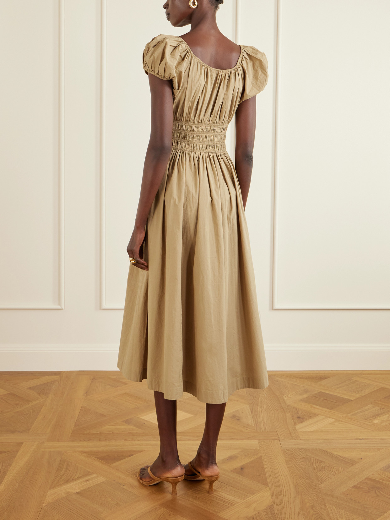 Doen Quinn Tie-detailed Shirred Cotton-poplin Midi Dress In Neutral