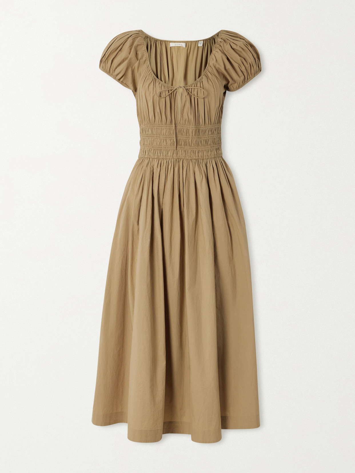 Doen Quinn Tie-detailed Shirred Cotton-poplin Midi Dress In Neutral
