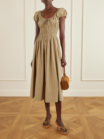 Dôen Quinn tie-detailed shirred cotton-poplin midi dress