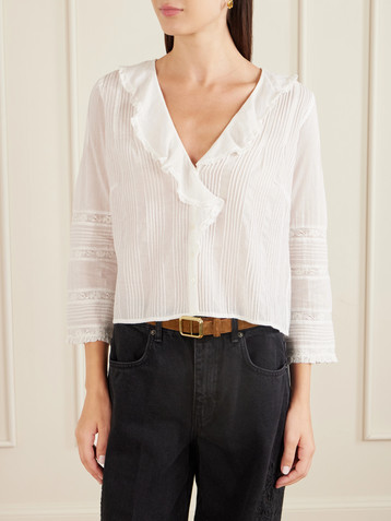 Dôen Huguette ruffled pleated lace-trimmed organic cotton blouse