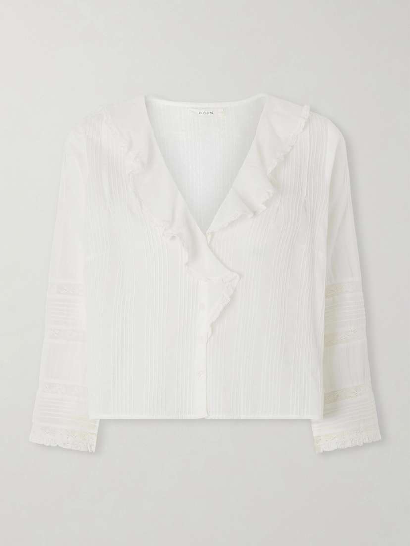 DÔEN Huguette Ruffled Pleated Lace-trimmed Organic Cotton Blouse