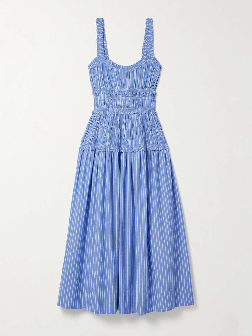DÔEN Marianne Shirred Striped Cotton-poplin Midi Dress