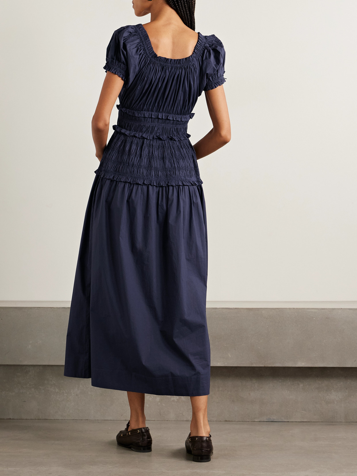 Doen Leanne Shirred Gingham Organic Cotton-voile Midi Dress In Blue