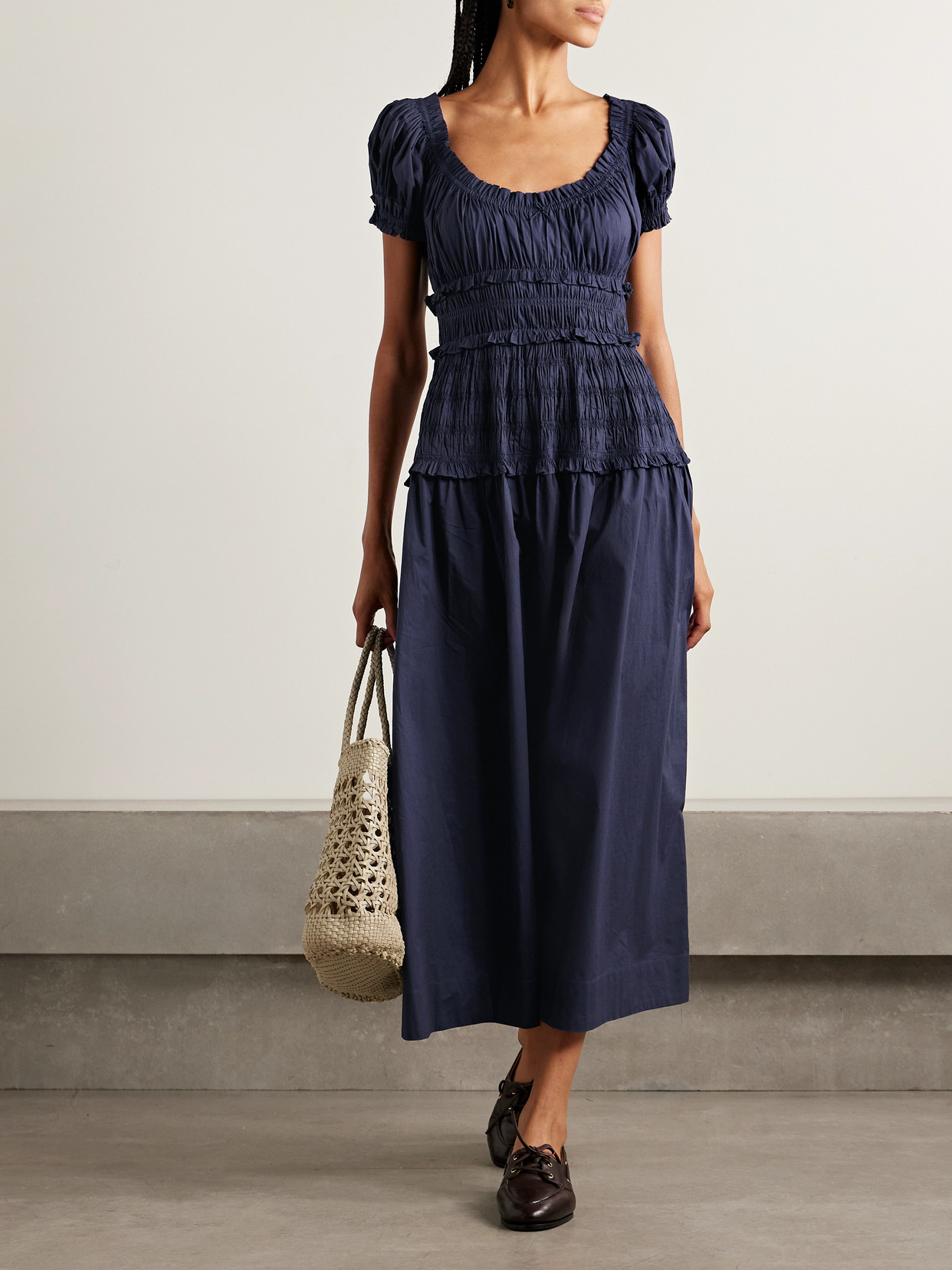 Doen Leanne Shirred Gingham Organic Cotton-voile Midi Dress In Blue